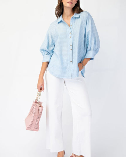 Button Down Textured Woven Shirt with Puff Sleeves