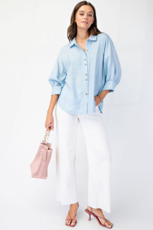 Button Down Textured Woven Shirt with Puff Sleeves