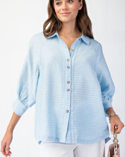 Button Down Textured Woven Shirt with Puff Sleeves