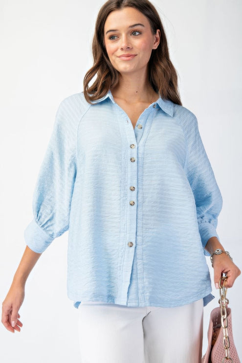 Button Down Textured Woven Shirt with Puff Sleeves