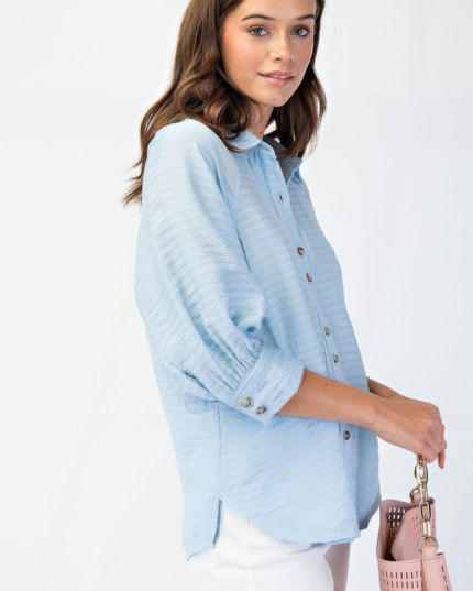 Button Down Textured Woven Shirt with Puff Sleeves