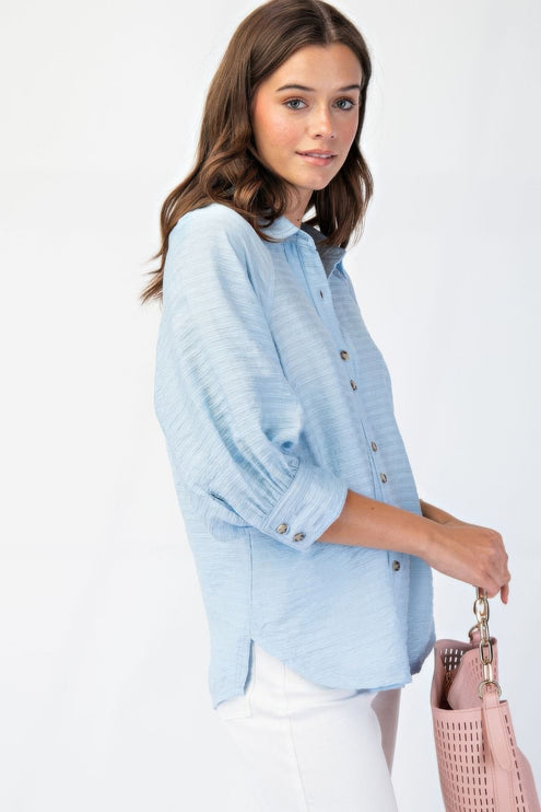 Button Down Textured Woven Shirt with Puff Sleeves