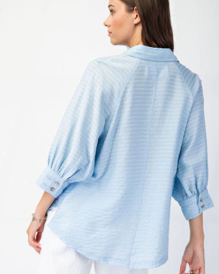 Button Down Textured Woven Shirt with Puff Sleeves