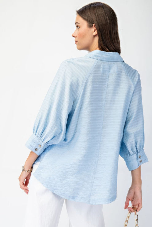 Button Down Textured Woven Shirt with Puff Sleeves