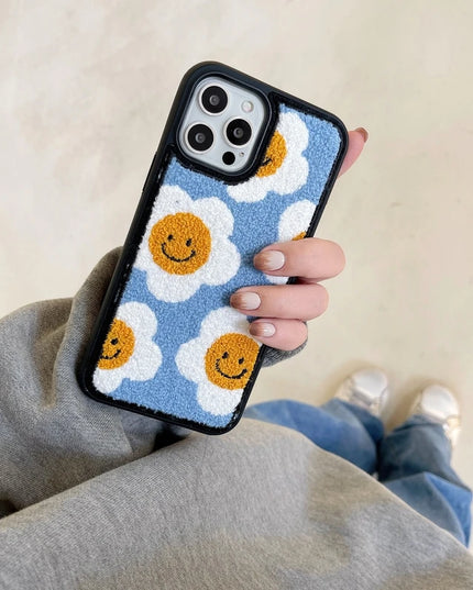 Cozy Soft Plush Smiley Flower Phone Case Cover for iPhone