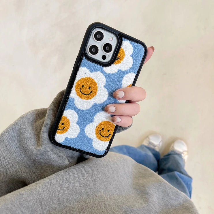 Cozy Soft Plush Smiley Flower Phone Case Cover for iPhone