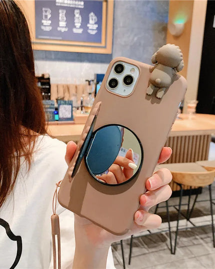 Cute Cartoon 3D Dog Mirror Stand Wrist Strap Phone Case Cover For iPhone