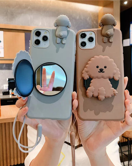 Cute Cartoon 3D Dog Mirror Stand Wrist Strap Phone Case Cover For iPhone