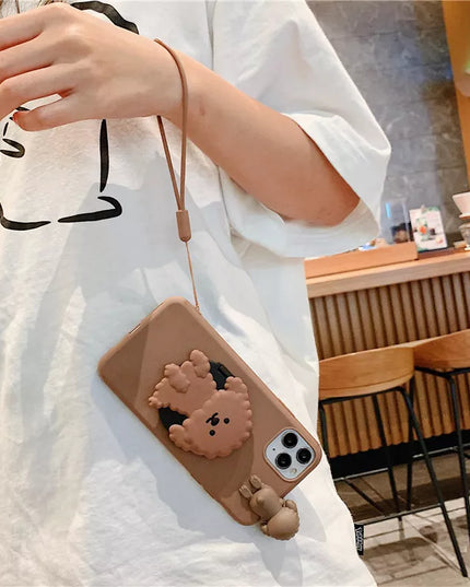 Cute Cartoon 3D Dog Mirror Stand Wrist Strap Phone Case Cover For iPhone