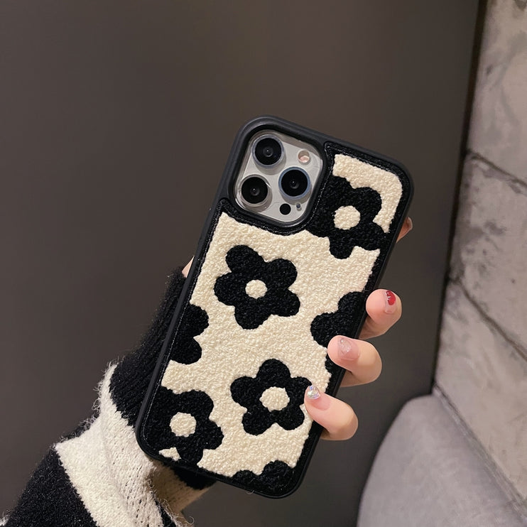 Retro Vintage Soft Fuzzy Plush Flower Pattern Phone Case Cover for iPhone