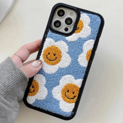 Cozy Soft Plush Smiley Flower Phone Case Cover for iPhone