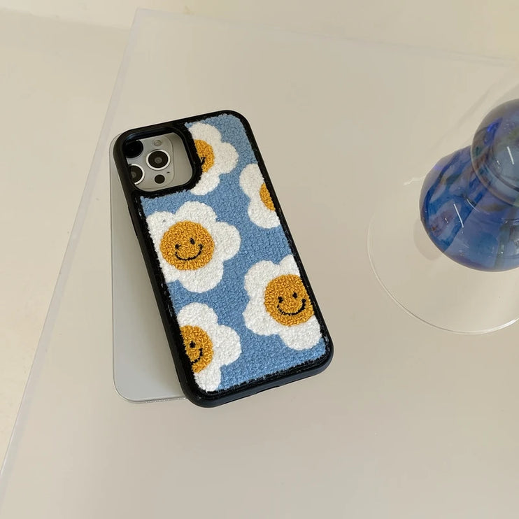 Cozy Soft Plush Smiley Flower Phone Case Cover for iPhone