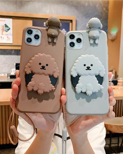 Cute Cartoon 3D Dog Mirror Stand Wrist Strap Phone Case Cover For iPhone