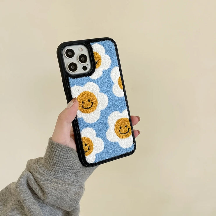 Cozy Soft Plush Smiley Flower Phone Case Cover for iPhone