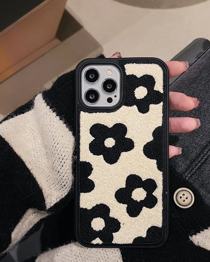 Retro Vintage Soft Fuzzy Plush Flower Pattern Phone Case Cover for iPhone