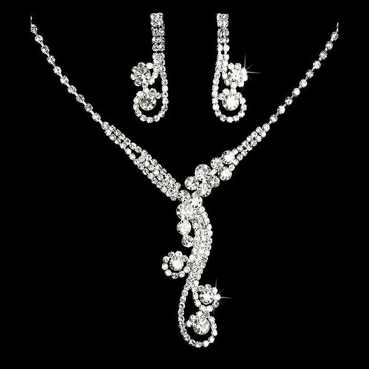 Bridal Wedding Jewelry Set Crystal Rhinestone Dazzle Y Drop Swirl Necklace SV - Accessoriesforever