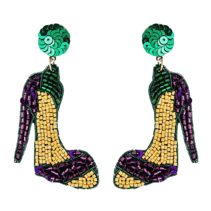 Mardi Gras Iconic Heels Beaded Handmade Festive Statement Dangle Earrings