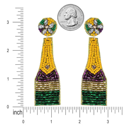 Mardi Gras Champagne Bottle Beaded Handmade Festive Statement Dangle Earrings