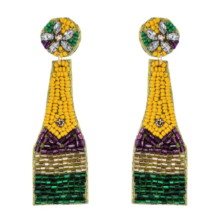 Mardi Gras Champagne Bottle Beaded Handmade Festive Statement Dangle Earrings