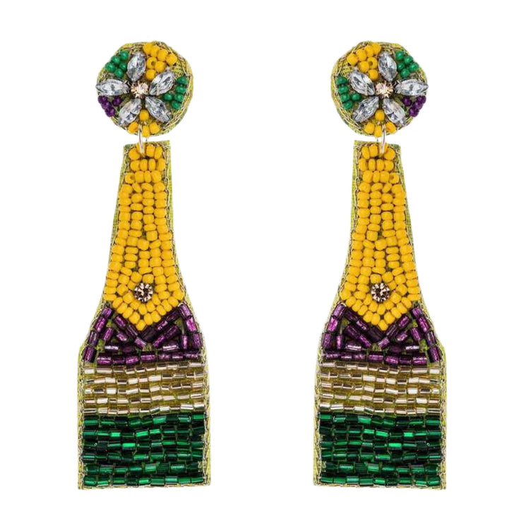 Mardi Gras Champagne Bottle Beaded Handmade Festive Statement Dangle Earrings