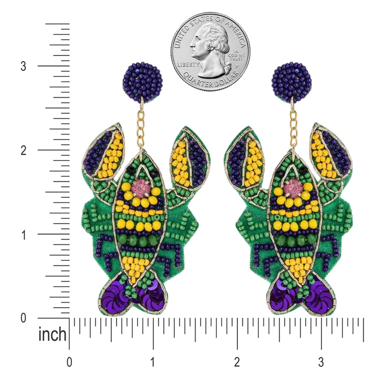 Mardi Gras Crawfish Iconic Beaded Handmade Festive Statement Dangle Earrings