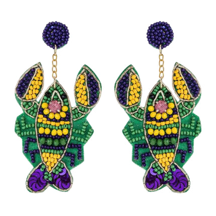 Mardi Gras Crawfish Iconic Beaded Handmade Festive Statement Dangle Earrings