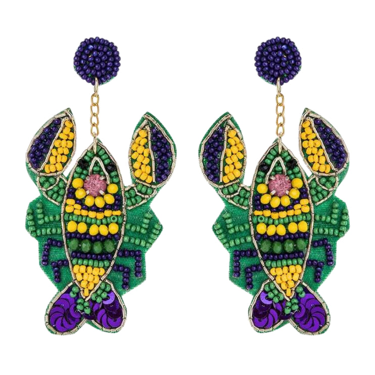 Mardi Gras Crawfish Iconic Beaded Handmade Festive Statement Dangle Earrings