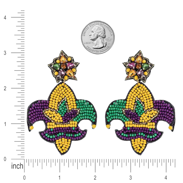 Mardi Gras Fleur De Lis Beaded Handmade Festive Statement Dangle Earrings