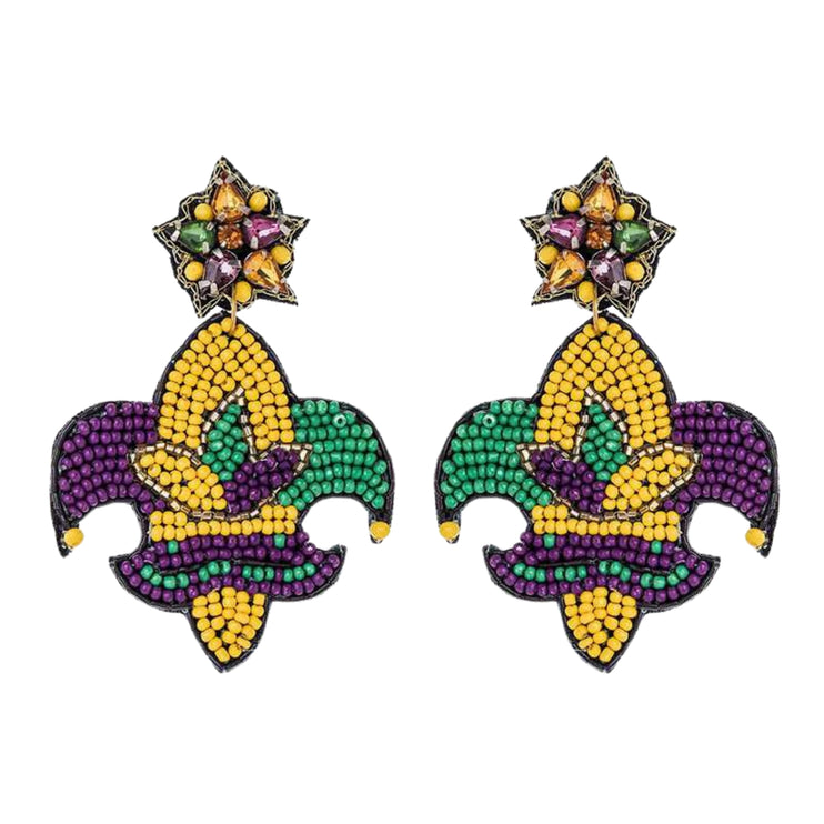 Mardi Gras Fleur De Lis Beaded Handmade Festive Statement Dangle Earrings