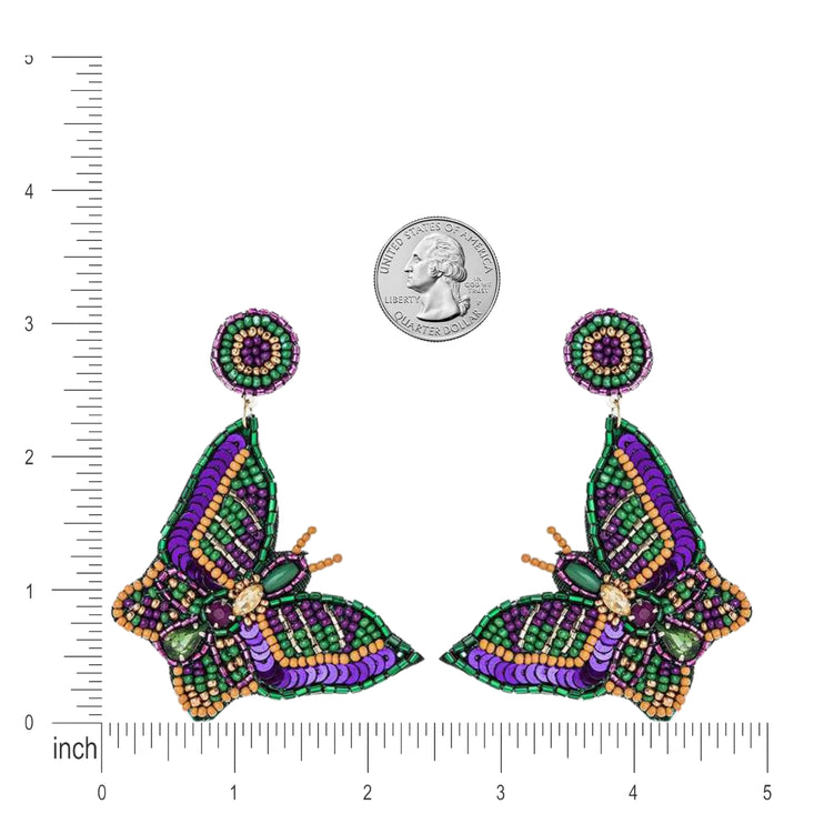 Mardi Gras Butterfly Beaded Handmade Festive Statement Dangle Earrings