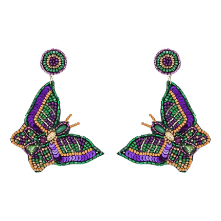 Mardi Gras Butterfly Beaded Handmade Festive Statement Dangle Earrings