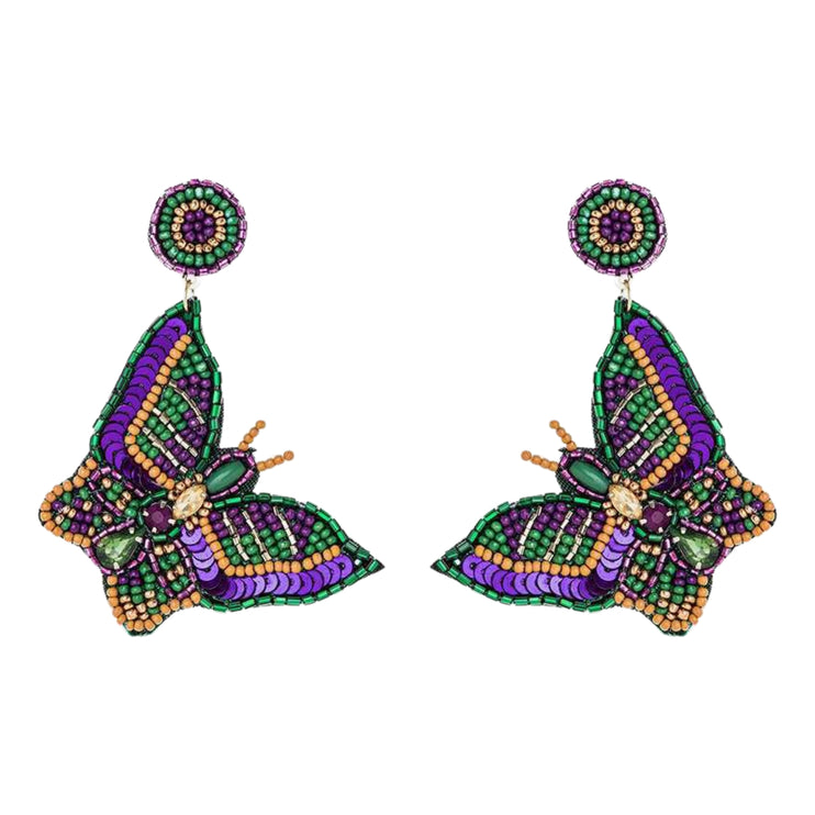 Mardi Gras Butterfly Beaded Handmade Festive Statement Dangle Earrings