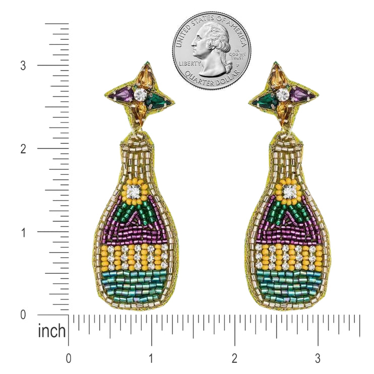 Mardi Gras Champagne Wine Bottle Beaded Handmade Festive Statement Dangle Earrings