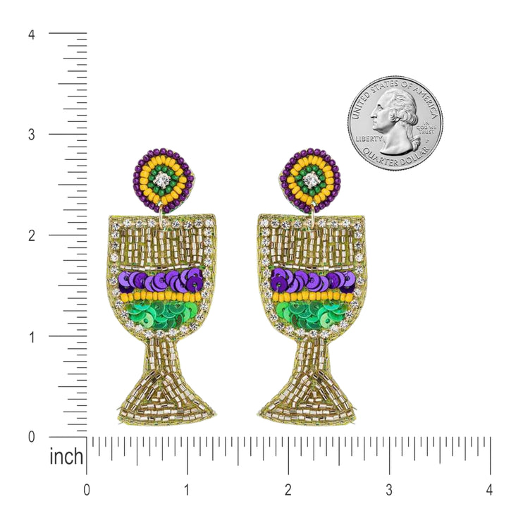 Mardi Gras Wine Glass Beaded Handmade Festive Statement Dangle Earrings