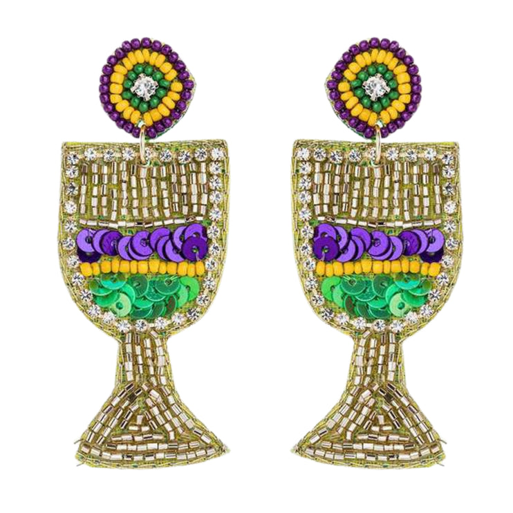 Mardi Gras Wine Glass Beaded Handmade Festive Statement Dangle Earrings