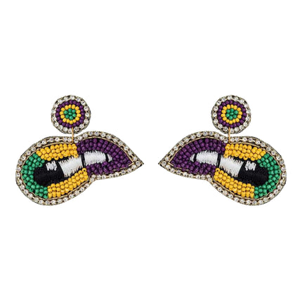 Mardi Gras Color Lips Iconic Beaded Handmade Festive Statement Dangle Earrings