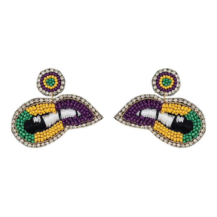 Mardi Gras Color Lips Iconic Beaded Handmade Festive Statement Dangle Earrings