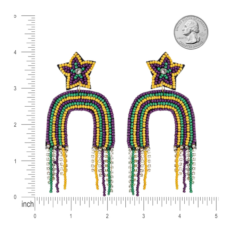 Mardi Gras Tassel Beaded Handmade Festive Rainbow Statement Earrings