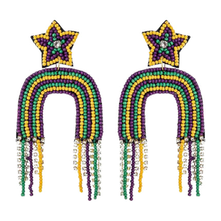 Mardi Gras Tassel Beaded Handmade Festive Rainbow Statement Earrings