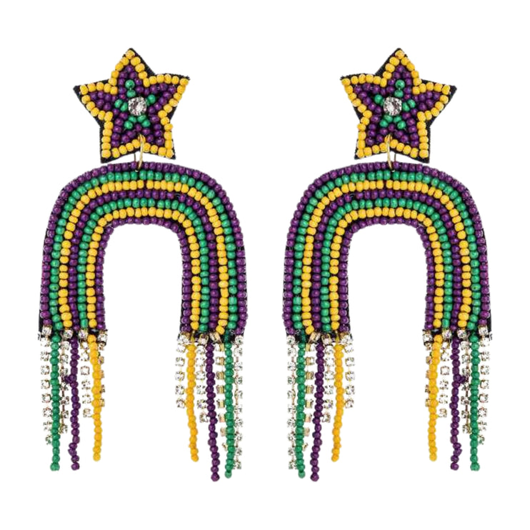 Mardi Gras Tassel Beaded Handmade Festive Rainbow Statement Earrings