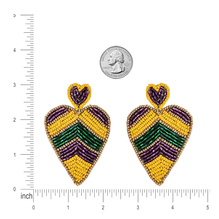 Mardi Gras Color Beaded Heart Handmade Festive Statement Drop Earrings