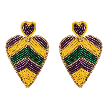 Mardi Gras Color Beaded Heart Handmade Festive Statement Drop Earrings