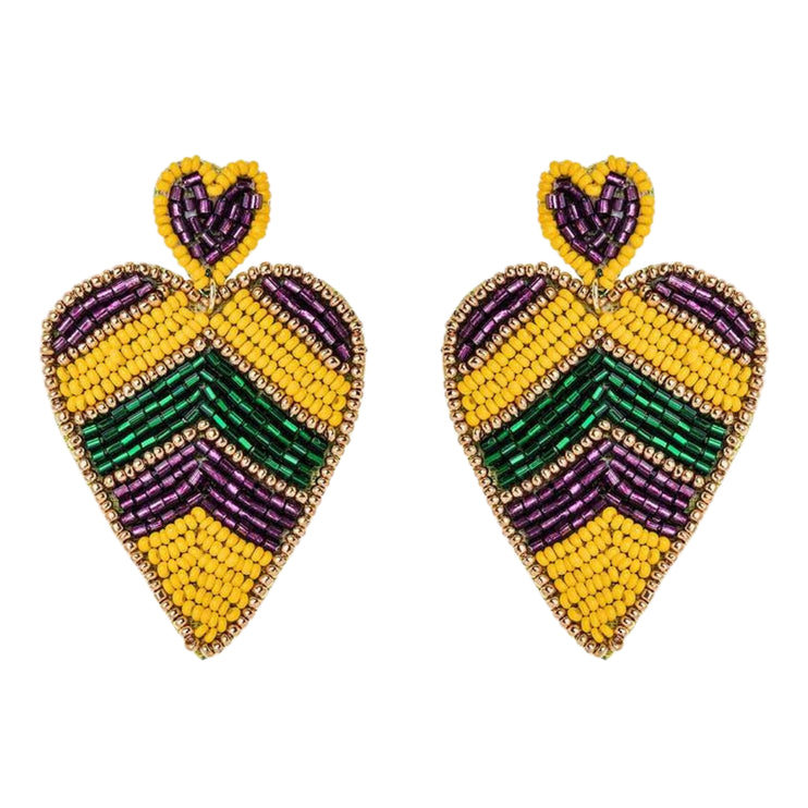 Mardi Gras Color Beaded Heart Handmade Festive Statement Drop Earrings