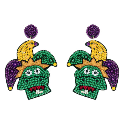 Mardi Gras Joker Beaded Handmade Festive Statement Dangle Earrings