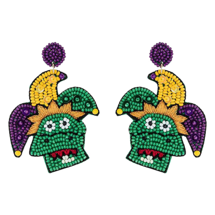 Mardi Gras Joker Beaded Handmade Festive Statement Dangle Earrings