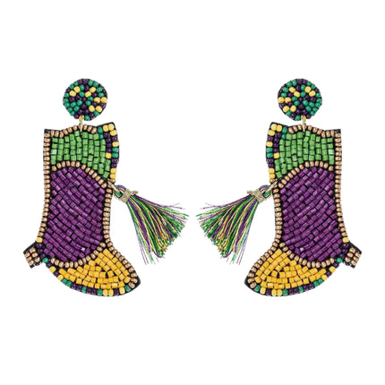 Mardi Gras Boots Beaded Handmade Festive Statement Dangle Earrings