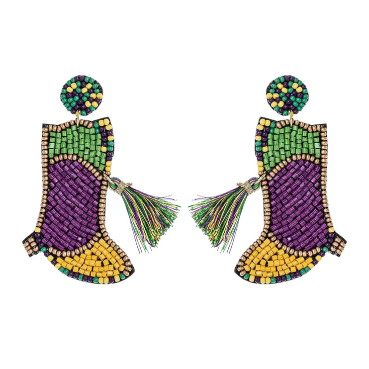 Mardi Gras Boots Beaded Handmade Festive Statement Dangle Earrings