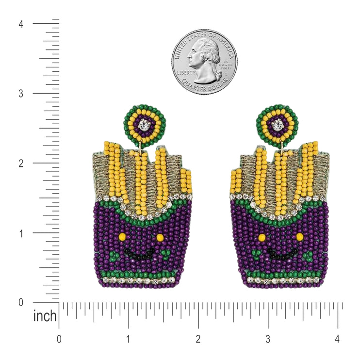 Mardi Gras French Fries Iconic Beaded Handmade Festive Statement Dangle Earrings