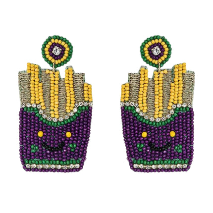 Mardi Gras French Fries Iconic Beaded Handmade Festive Statement Dangle Earrings