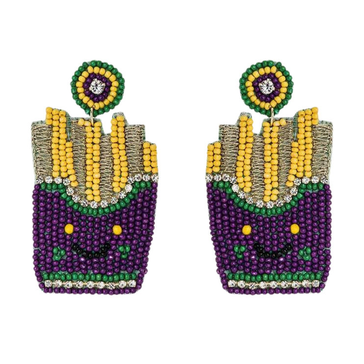 Mardi Gras French Fries Iconic Beaded Handmade Festive Statement Dangle Earrings